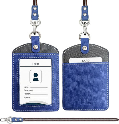 Badge Holder: Boshiho Cowhide Leather ID Badge Card Holder with 19" Neck Lanyard, Vertical Style (Blue-Dark Gray)