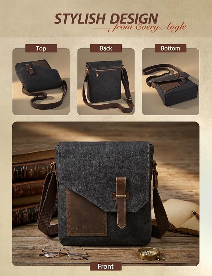 VASCHY Small Messenger Bag, Vintage Canvas Leather Lightweight Crossbody Bag