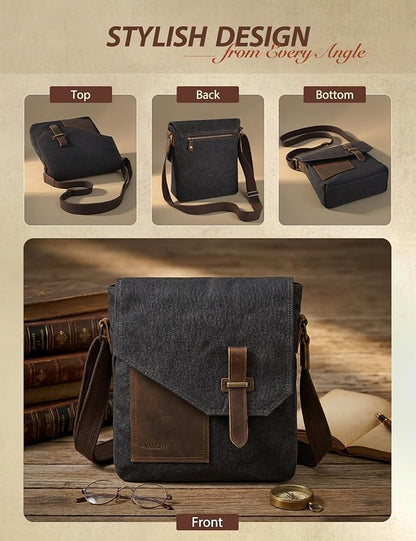 VASCHY Small Messenger Bag, Vintage Canvas Leather Lightweight Crossbody Bag