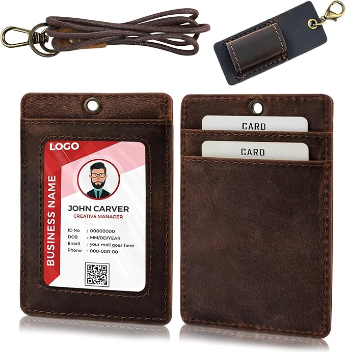 Office Badge Holder - Boshiho Genuine Leather Credit ID Card Holder with Neck Lanyard Pen Clip Vertical Style (Dark Brown)