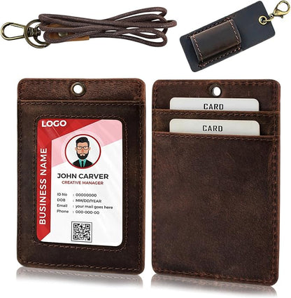 Office Badge Holder - Boshiho Genuine Leather Credit ID Card Holder with Neck Lanyard Pen Clip Vertical Style (Dark Brown)