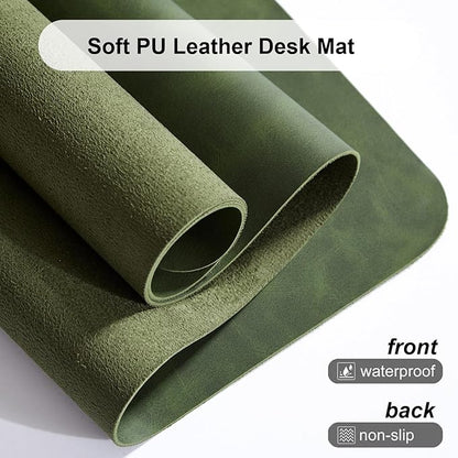 Distressed Leather Desk Mat - Non-Slip PU Leather Desk Pad Protector - Large Waterproof Mouse Pad Computer Keyboard Desk Mat Desk Accessories for Office & Home (Forest Green, 36"x 17")