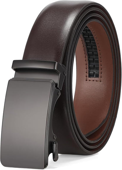 SENDEFN Men's Leather Belt - Automatic Ratchet Slide Buckle, Easy Trim-to-Fit Function, Packaged with Gift Box