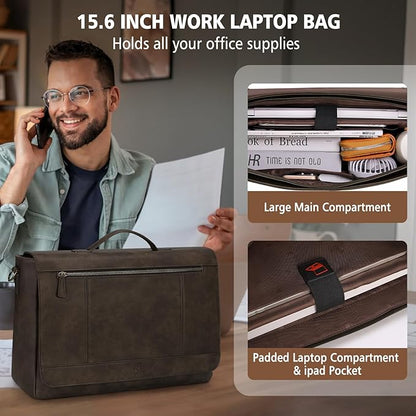 RAINSMORE Leather Messenger Bag for Men 15.6 Inch Laptop Bag Vintage Briefcase Large Computer Bag Satchel Shoulder Bag For College, Work, Business, Office, Wood