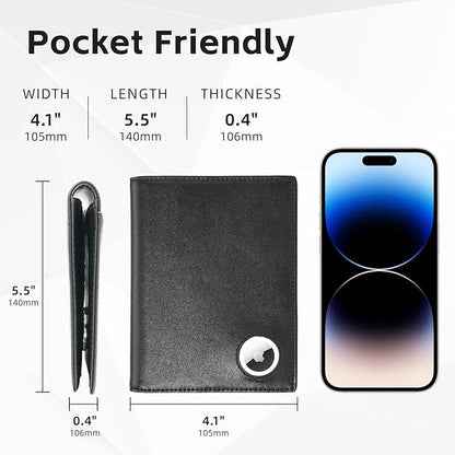 Leather Passport Wallet with AirTag Slot — RFID Passport Holder for Travel Men, Slim Travel Wallet with Card, Cash & Ticket Slots