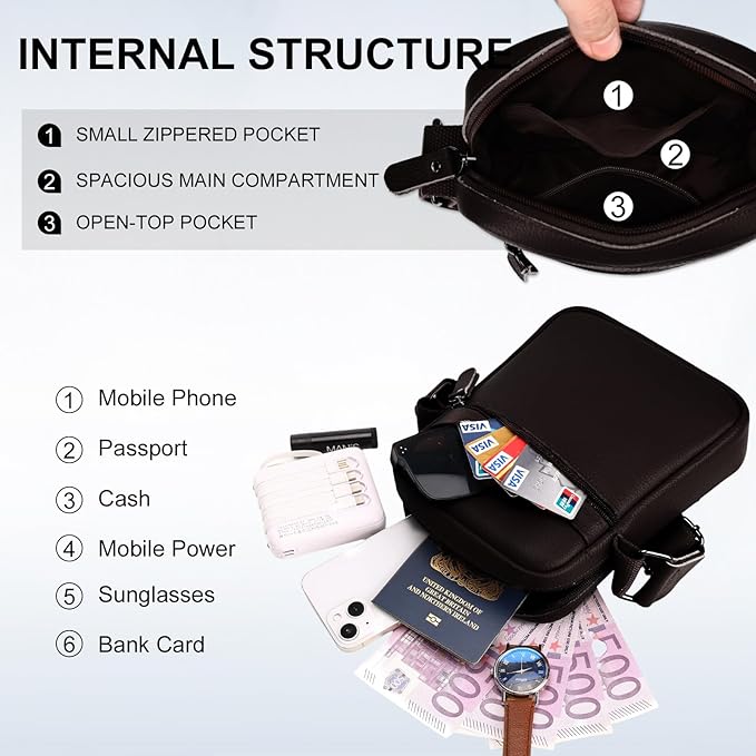 Leathario Men's Crossbody Shoulder Bag, Genuine Leather Small Messenger Satchel for Work Business Travel, Black Side Purse