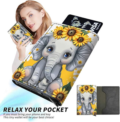 Sunflower Elephant Minimalist Wallet for Men, Pop Up Card Case Wallet for Women, PU Leather Automatic Credit Card Holder Metal Money Clip Wallet RFID Blocking Bifold Pocket Wallet