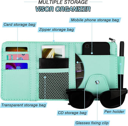 Car Sun Visor Organizer, Leather Pocket Organizer Sunglass Holder for Car Interior Accessories with Multi-Pocket Net Zipper (Blue)