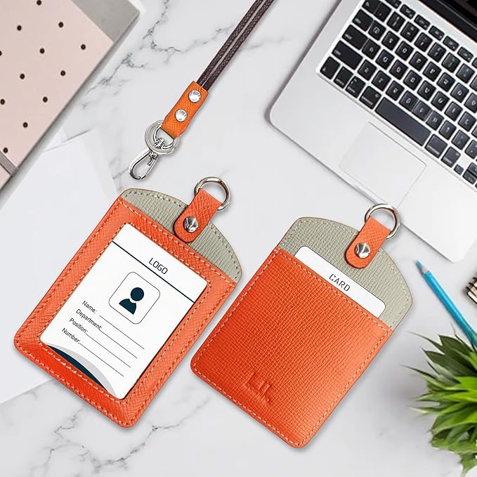 Badge Holder: Boshiho Cowhide Leather ID Badge Card Holder with 19" Neck Lanyard, Vertical Style (Orange-Light Gray)