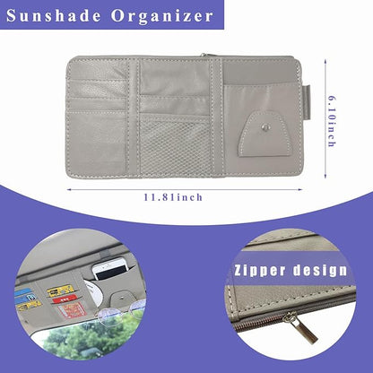 Augeny Car Sun Visor Organizer, Leather Multi-Pocket Auto Visor Storage Pocket Pouch Holder with Zipper, Vehicle Interior Accessories for Car Truck SUV Sun Visor Case Bag (Gray)