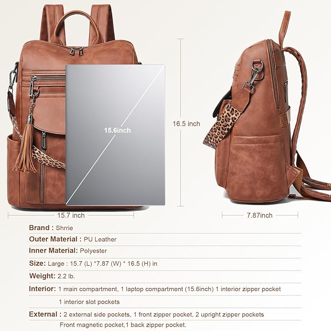 Shrrie Laptop Backpack for Women 15.6 inch,Travel Leather Backpack Purse Nurse Teacher Carry on Backpack Computer Bag,Professional Water-Resistant College Business Work Casual Daypack,Nubuck Brown