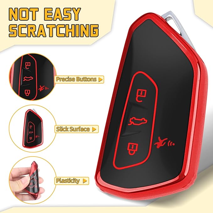 FT FUNTOR Key Fob Cover for Volkswagen,Soft TPU Full Protection Case Compatibale With VW Golf GTI Atlas Skoda Octavia ID3 ID4 MK8 (Red, 4 Buttons)
