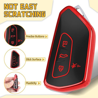 FT FUNTOR Key Fob Cover for Volkswagen,Soft TPU Full Protection Case Compatibale With VW Golf GTI Atlas Skoda Octavia ID3 ID4 MK8 (Red, 4 Buttons)