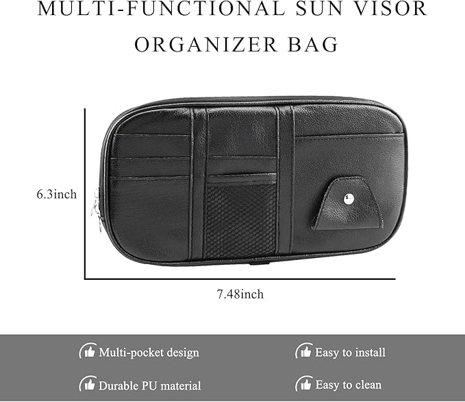 Car Sun Visor Organizer, Leather Multi-Pocket Visor Organizer Pouch with Double Zippers Net, Sunglass Holder Storage Pocket for License Pen Key Card Registration Document (Black)