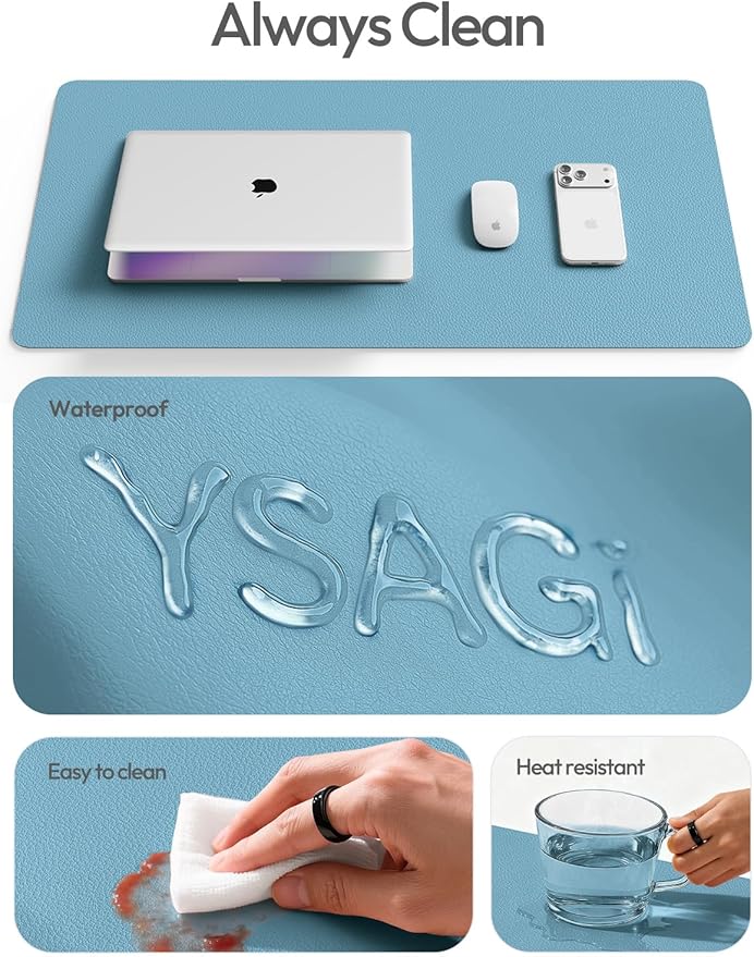 YSAGi Leather Desk Protector, Office Mat, Large Mouse Pad, Non-Slip PU Leather Blotter, Laptop Desk, Waterproof Writing Pad for Office and Home (Sea Blue, 35.4" x 17")