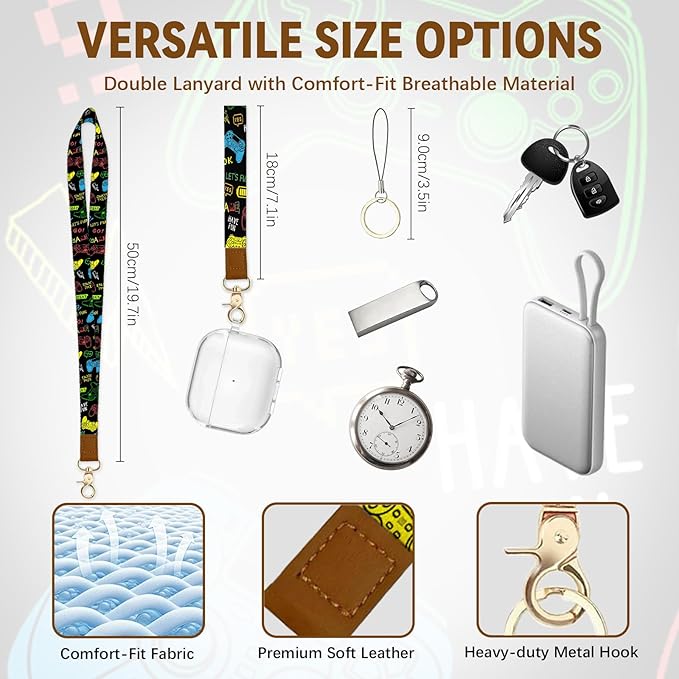 Gamepad Leather Badge Holder with Zipper Pocket, Game Work Lanyards and 1 Zip Pocket and 4 Card Slots, Gamer Breakaway Lanyards with Metal Clasp for Boys, Adult, Teachers