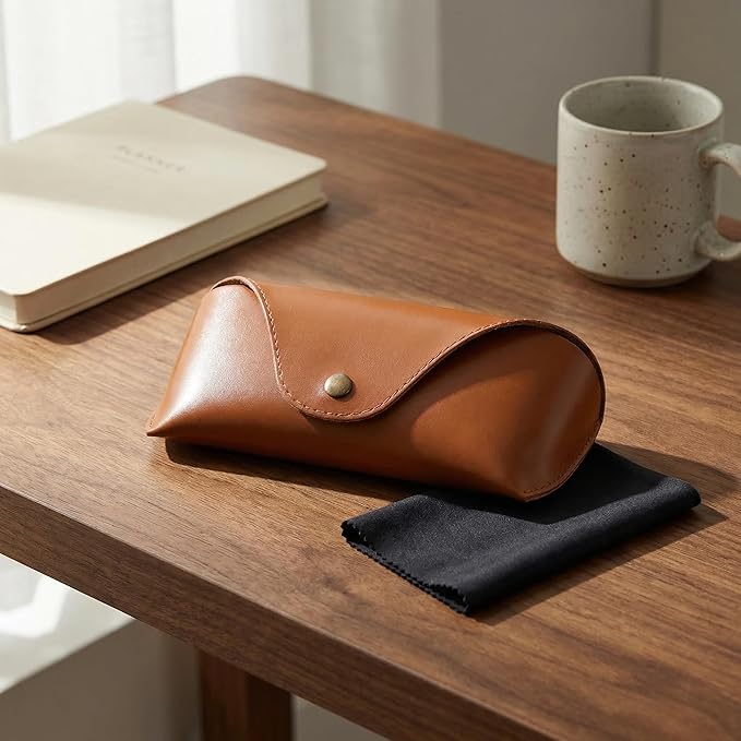 Brown Leather Glasses Case, Portable Hard Shell Eyeglasses And Sunglasses Pouch For Women & Men