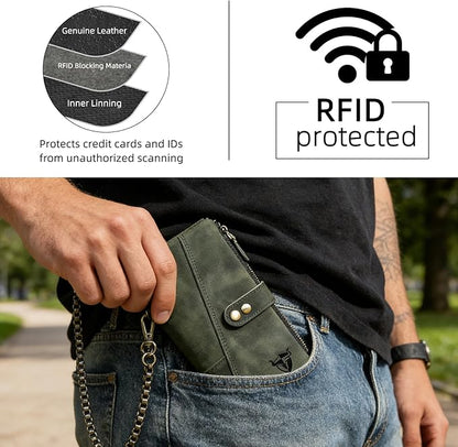 Genuine Crazy Horse Leather Travel Gift Coin Pocket Card Case Long Organizer Chain Rfid Wallet Purse With Snap For Men Male 1803 1815 (1803 The Green2)