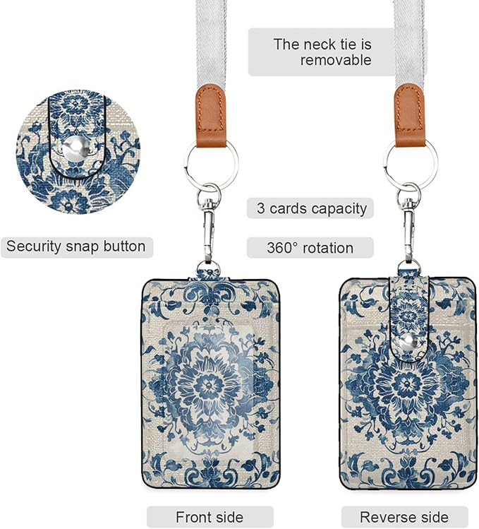 Badge Holder, Chinoiserie Style Blue White PU Leather School College Business ID Badge Card Holder Wallet Case with 1 Clear Window, 2 Credit Card Slots and Detachable Neck Lanyard - Vertical