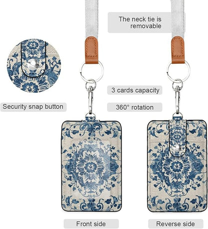 Badge Holder, Chinoiserie Style Blue White PU Leather School College Business ID Badge Card Holder Wallet Case with 1 Clear Window, 2 Credit Card Slots and Detachable Neck Lanyard - Vertical