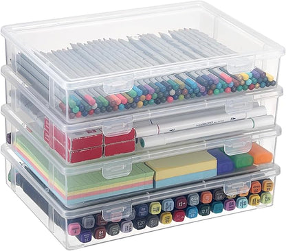 BTSKY Clear Plastic Storage Box with Flap Lid, Multipurpose Craft Organizers and Storage Box Art Supply Storage Organizer Plastic Sewing Box for Beads Pencils Notebooks, 4 Pack Medium