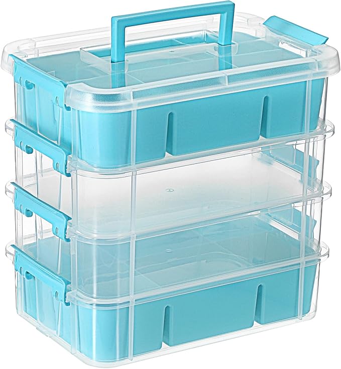 JUXYES 4-Tiers Stack Carry Storage Box With 2 Divided Tray, Transparent Stackable Storage Bin With Handle Lid Latching Storage Container for School & Office Supplies, Blue