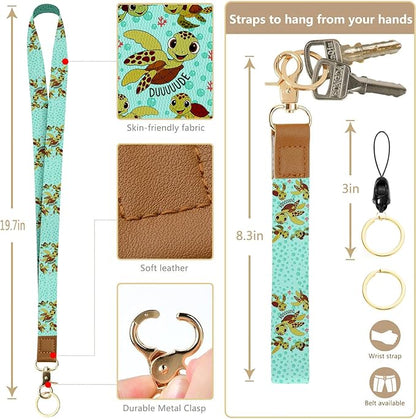 bolimoss Turtle Lanyard Wallet with ID Badge Holder,Cute RFID Leather Wristlet Keychain Lanyard with Zipper Pocket Detachable Neck Lanyard Phone Holder Keyring, Name Tag Holder for Students Teacher