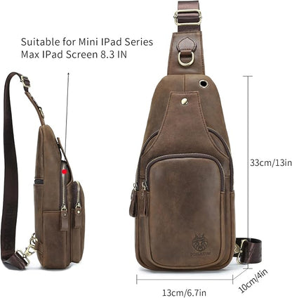 Mens Sling Bag Genuine Leather Crossbody Bags for Men Small Sling Chest Backpack Casual Man Bag Hiking Outdoor, Coffee