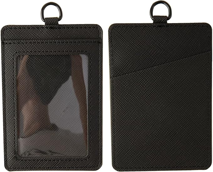 Badge Holders,Leather ID Badge Holder,Vertical Leather ID Badge Card Holder with 1 Clear ID Window and 1 Detachable Neck Lanyard for Offices ID,School ID (Black)