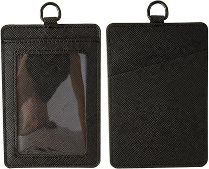 Badge Holders,Leather ID Badge Holder,Vertical Leather ID Badge Card Holder with 1 Clear ID Window and 1 Detachable Neck Lanyard for Offices ID,School ID (Black)