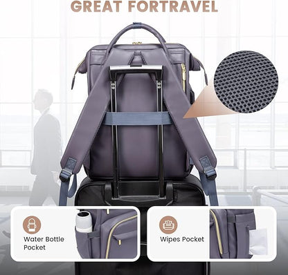 LOVEVOOK Leather Laptop Backpack for Women 18 inch,Travel Backpack Purse Nurse Teacher Backpack Computer Laptop Bag,Professional College Business Work Bags Carry On Backpack with USB Port,Grey Purple
