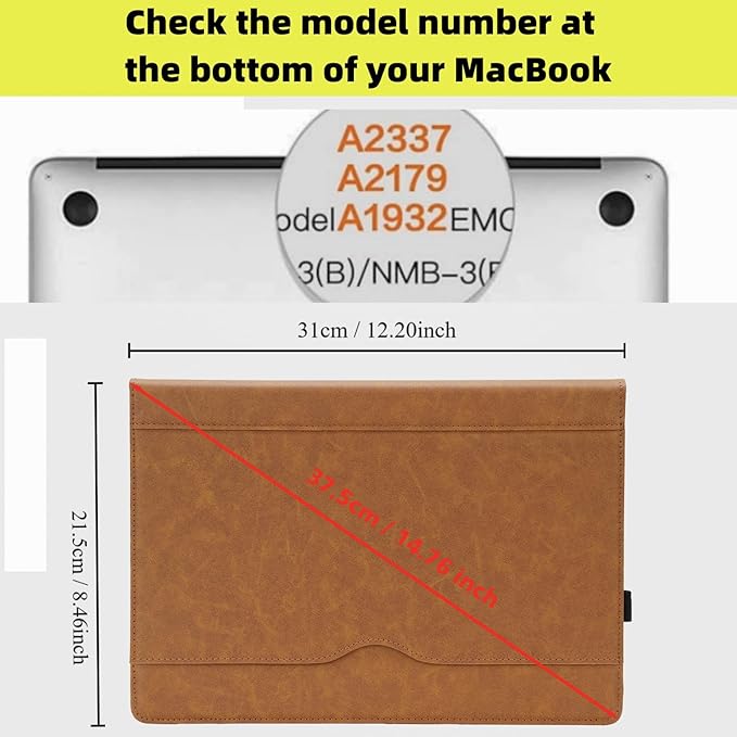 TYTX Compatible with MacBook Air 13 Inch Leather Case, for Model A2337 M1 A2179 A1932 2018-2021 Retina Display Touch ID, PU Leather Laptop Case with Pocket for Papers and Pen Holder, Brown