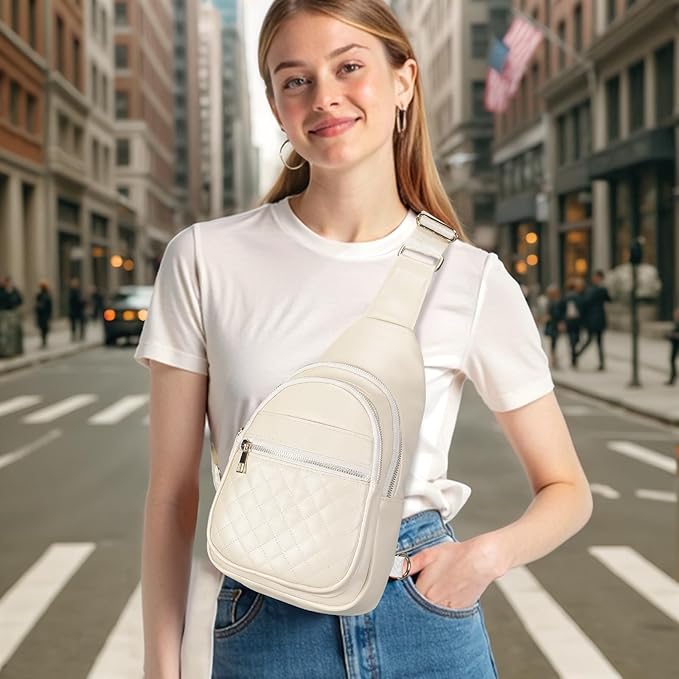 Crossbody Bags for Women Men,Leather Sling Bag Cross Body Backpack for Women, Casual Chest Bag Daypack for Travel Hiking, White