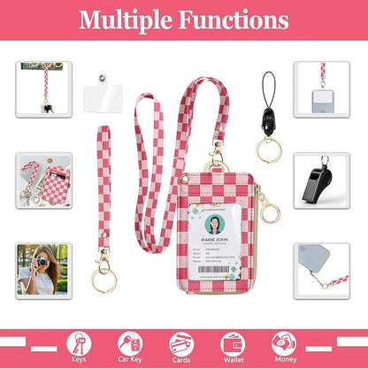 bolimoss Checkered Lanyard Wallet with Id Badge Holder RFID Wristlet Keychain Wallet for Women Zip Card Holder with ID Window, Side Zipper Coin Purse, Detachable Wrist Neck Strap