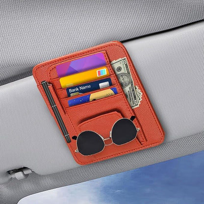 Small Leather Car Sun Visor Organizer - Multifunctional Car Interior Sunglass Holder Auto Visor Document Holder - Auto Card Sleeve Pocket Pouch Organizer for Driving License Registration Pen (Red)