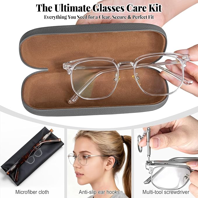 RayLove Glasses Case, 2 Pack Unisex Hard Shell Eyeglass Case PU Leather Hard Eyeglass Case with Eyewear Accessories