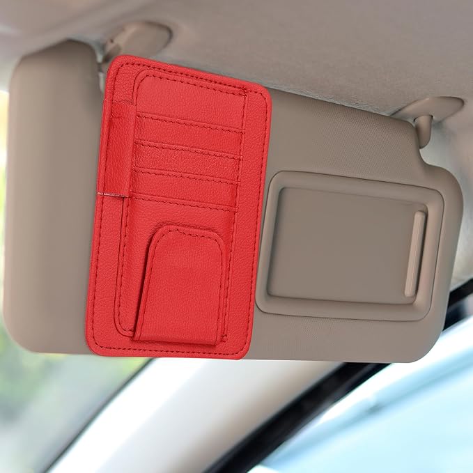 HARFINGTON Car Sun Visor Organizer 6.02" x 4.76" Leather Multi-Pocket Visor Card Sleeve Pocket Car Truck SUV Interior Storage Pouch for Driving License Credit Cards Bills Sunglasses, Red
