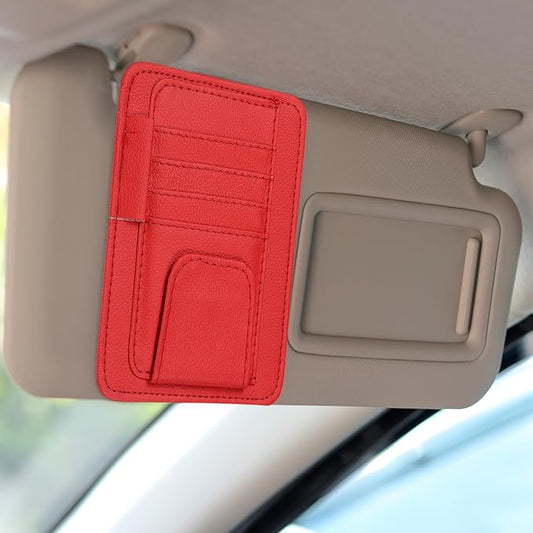 HARFINGTON Car Sun Visor Organizer 6.02" x 4.76" Leather Multi-Pocket Visor Card Sleeve Pocket Car Truck SUV Interior Storage Pouch for Driving License Credit Cards Bills Sunglasses, Red