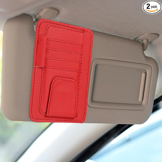 HARFINGTON 2Pcs Car Sun Visor Organizer 6.02" x 4.76" Leather Multi-Pocket Visor Card Sleeve Pocket Car Truck SUV Interior Storage Pouch for Driving License Credit Card Bill Sunglasses, Red
