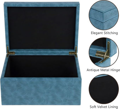 HofferRuffer Faux Leather Decorative Box, Large Wooden Structure Keepsake Box Accessory Organizer Jewelry Organizer with Hinged Lid, Storage Container for Home or Office (Blue)