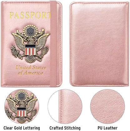 Passport Holder for Travel Passport Cover for Men Passport Wallet Case with Metal Badge Protector Leather Card Case RFID Blocking Women Travel Accessories Document Organizer (Rose Gold)