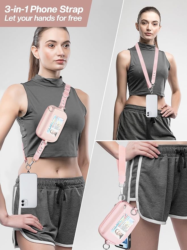 Tiostep Clip and Go Strap for Phone with Wallet Crossbody Phone Lanyard Adjustable and Detachable RFID Wristlet Wallet with ID Window and Zipper, Pink Large