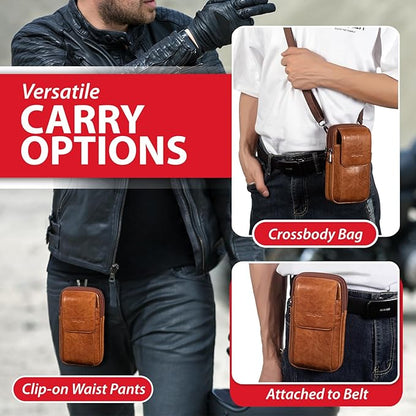 Hengwin Genuine Leather Cell Phone Holster Wallet Case with Belt Clip Travel Messenger Bag Waist Pouch Crossbody Purse Fit for iPhone 17 Pro Max 16 Pro Max 15 Pro Max Samsung Galaxy S25 Ultra (Brown)