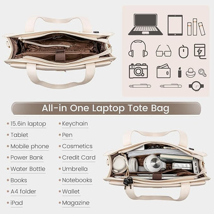 LOVEVOOK Laptop Bag for Women 15.6 Inch Tote Work Professional Leather Computer Briefcase Waterproof Handbag Shoulder Large Capacity Business Teacher Office Crossbody Purse, 206# Beige White