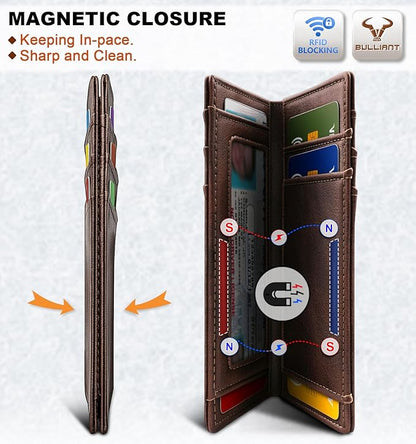 BULLIANT Slim Wallet For Men 12Cards,Magnetic Flip Build-in Money Clip Airtag Compatible-RFID Blocking