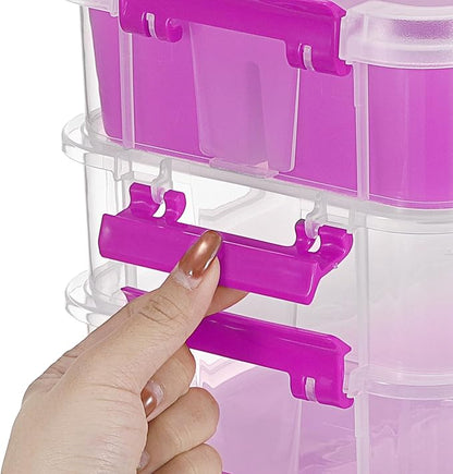 JUXYES 4-Tiers Stack Carry Storage Box With 2 Divided Tray, Transparent Stackable Storage Bin With Handle Lid Latching Storage Container for School & Office Supplies, Purple