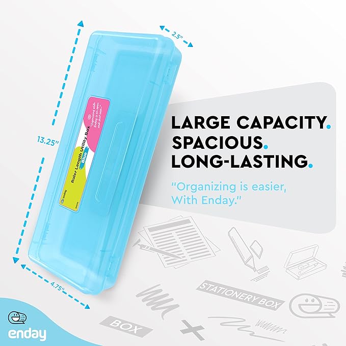 Enday Pencil Box Blue, Storage Organizer Utility Box, Multipurpose Long Ruler Length School Office Supplies Plastic Pencil Case for Kids & Adults Available in Red, Pink, Grey, Purple, Green, 1PK