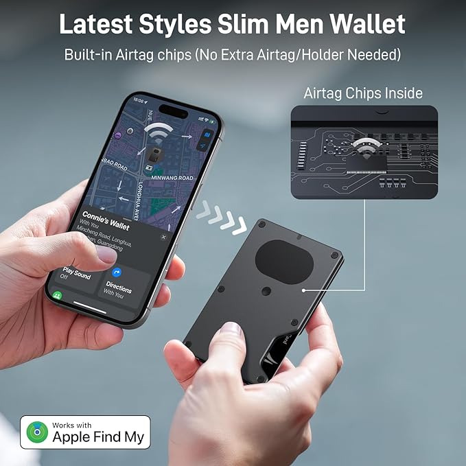 Slim Wallet for Men, Air Wallet Build in Airtag Chip, Smart Wallet Compatible with Apple Find My iOS Only, Minimalist Front Pocket Wallet RFID-Blocking Card Holder with Money Clip (Black)