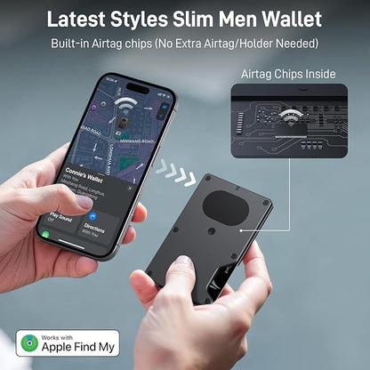 Slim Wallet for Men, Air Wallet Build in Airtag Chip, Smart Wallet Compatible with Apple Find My iOS Only, Minimalist Front Pocket Wallet RFID-Blocking Card Holder with Money Clip (Black)