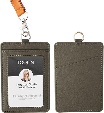 Leather ID Badge Holder,Slim Minimalist Elastic Credit Card Holder, Vertical Credit Card Holder for Men & Women with Neck Lanyard (Gray)